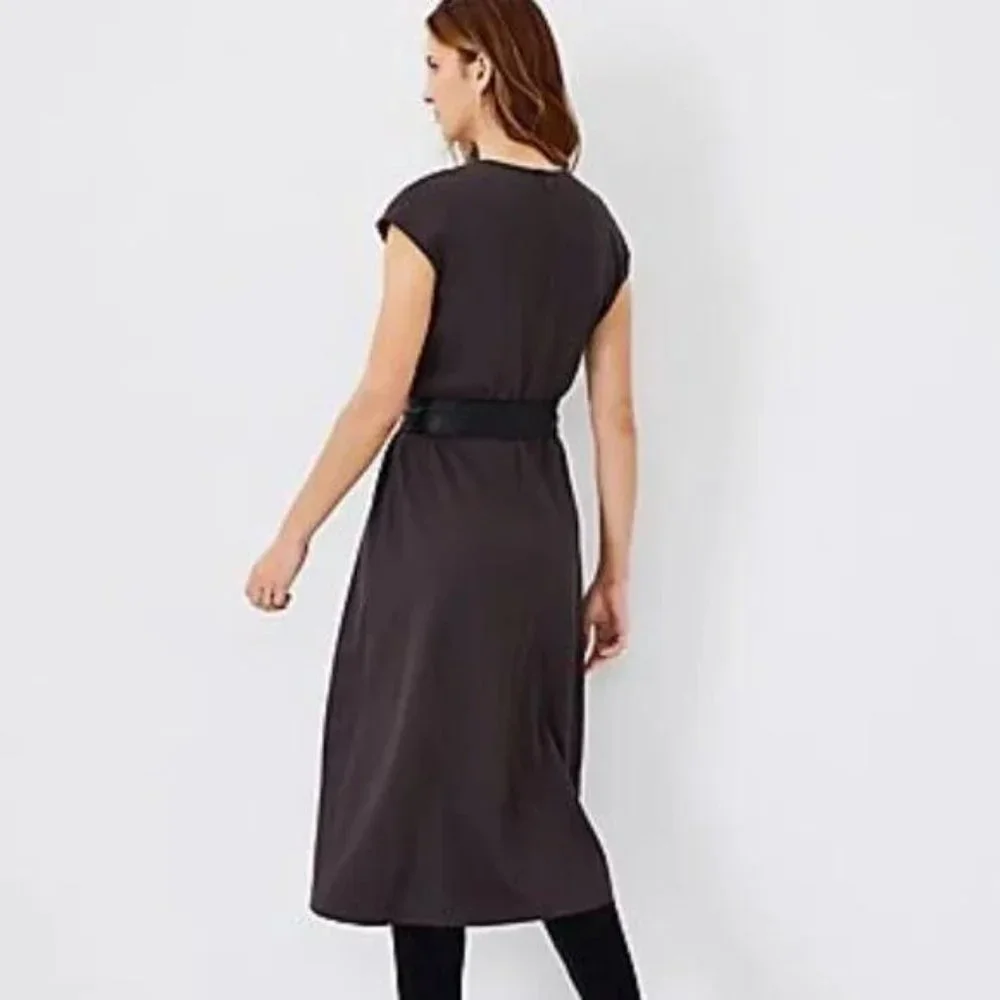 Ann Taylor Faux Leather Belted Flare Dress - Picture 2 of 4